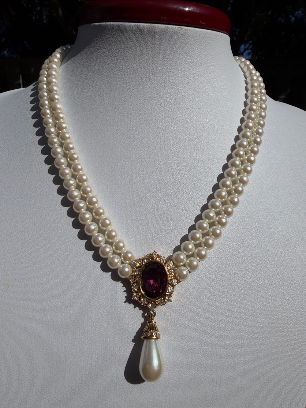 Vintage Double Strand Faux Pearl Amethyst Glass Pearl Drop Necklace